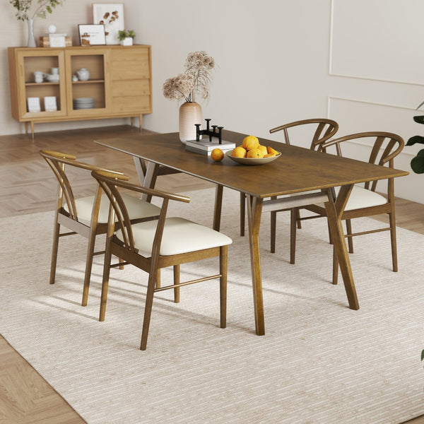 English Elm Lavin Walnut Rectangular Dining Set Seats Four with Curved Wishbone Chairs in Matte Black 4 Brown Wishbone Chairs T2574S00282
