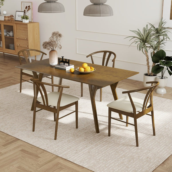 English Elm Lavin Walnut Rectangular Dining Set Seats Four with Curved Wishbone Chairs in Matte Black 4 Brown Wishbone Chairs T2574S00282