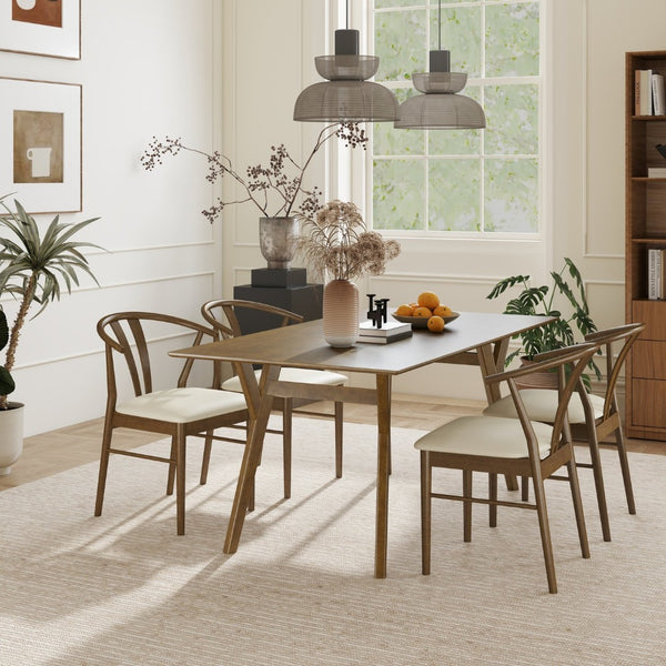 English Elm Lavin Walnut Rectangular Dining Set Seats Four with Curved Wishbone Chairs in Matte Black 4 Brown Wishbone Chairs T2574S00282