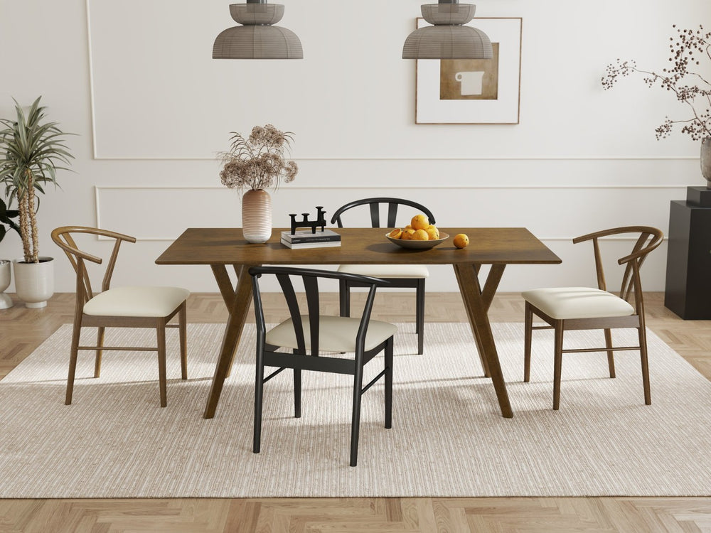 English Elm Lavin Walnut Rectangular Dining Set Seats Four with Curved Wishbone Chairs in Matte Black 2 Walnut and 2 Black Wishbone Chairs T2574S00283
