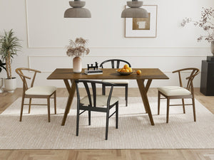 English Elm Lavin Walnut Rectangular Dining Set Seats Four with Curved Wishbone Chairs in Matte Black 2 Walnut and 2 Black Wishbone Chairs T2574S00283