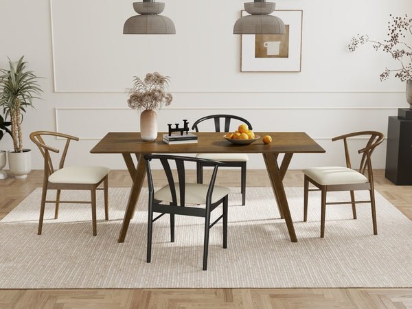 English Elm Lavin Walnut Rectangular Dining Set Seats Four with Curved Wishbone Chairs in Matte Black 2 Walnut and 2 Black Wishbone Chairs T2574S00283