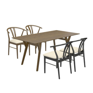 English Elm Lavin Walnut Rectangular Dining Set Seats Four with Curved Wishbone Chairs in Matte Black 2 Walnut and 2 Black Wishbone Chairs T2574S00283