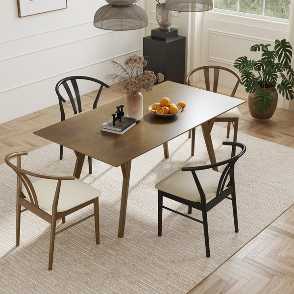 English Elm Lavin Walnut Rectangular Dining Set Seats Four with Curved Wishbone Chairs in Matte Black 2 Walnut and 2 Black Wishbone Chairs T2574S00283