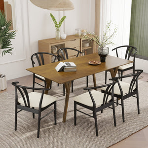 English Elm Lavin Seven Piece Rectangular Rubberwood Dining Set with Wishbone Chairs Modern Style Walnut Table, 6 Black Chairs T2574S00284