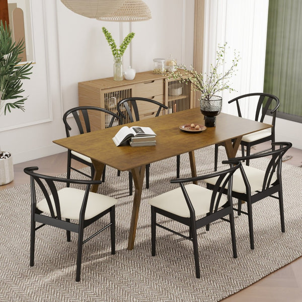 English Elm Lavin Seven Piece Rectangular Rubberwood Dining Set with Wishbone Chairs Modern Style Walnut Table, 6 Black Chairs T2574S00284