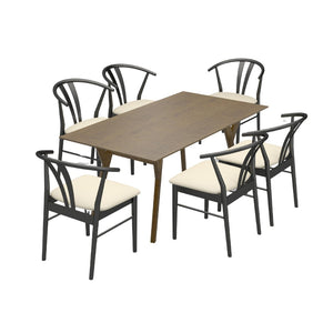 English Elm Lavin Seven Piece Rectangular Rubberwood Dining Set with Wishbone Chairs Modern Style Walnut Table, 6 Black Chairs T2574S00284