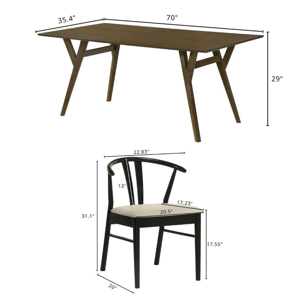 English Elm Lavin Seven Piece Rectangular Rubberwood Dining Set with Wishbone Chairs Modern Style Walnut Table, 6 Black Chairs T2574S00284