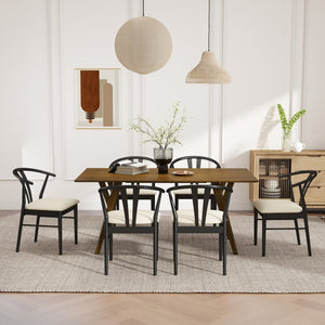 English Elm Lavin Seven Piece Rectangular Rubberwood Dining Set with Wishbone Chairs Modern Style Walnut Table, 6 Black Chairs T2574S00284