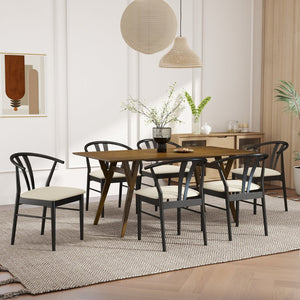 English Elm Lavin Seven Piece Rectangular Rubberwood Dining Set with Wishbone Chairs Modern Style Walnut Table, 6 Black Chairs T2574S00284