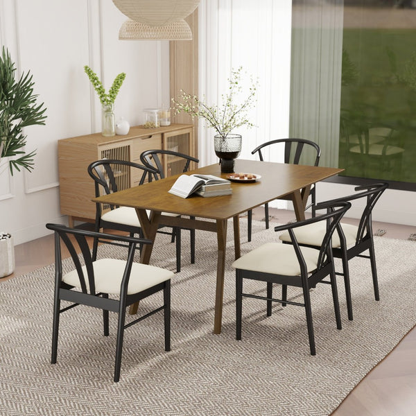 English Elm Lavin Seven Piece Rectangular Rubberwood Dining Set with Wishbone Chairs Modern Style Walnut Table, 6 Black Chairs T2574S00284