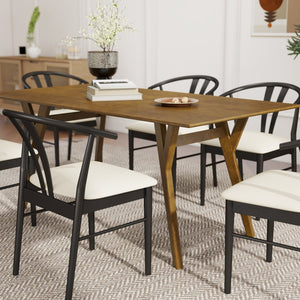 English Elm Lavin Seven Piece Rectangular Rubberwood Dining Set with Wishbone Chairs Modern Style Walnut Table, 6 Black Chairs T2574S00284
