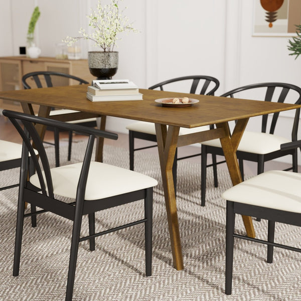 English Elm Lavin Seven Piece Rectangular Rubberwood Dining Set with Wishbone Chairs Modern Style Walnut Table, 6 Black Chairs T2574S00284