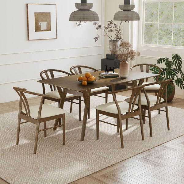 English Elm Lavin Seven Piece Rectangular Rubberwood Dining Set with Wishbone Chairs Modern Style Walnut Table, 6 Brown Chairs T2574S00285