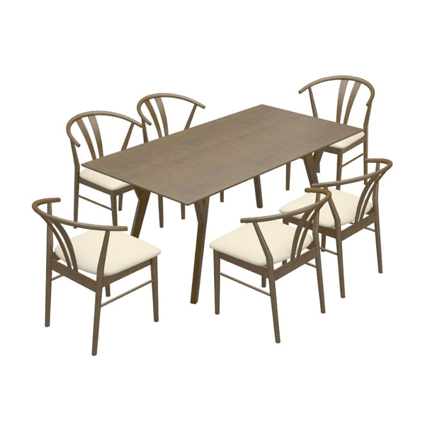 English Elm Lavin Seven Piece Rectangular Rubberwood Dining Set with Wishbone Chairs Modern Style Walnut Table, 6 Brown Chairs T2574S00285
