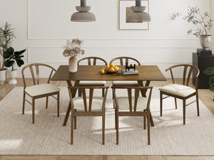 English Elm Lavin Seven Piece Rectangular Rubberwood Dining Set with Wishbone Chairs Modern Style Walnut Table, 6 Brown Chairs T2574S00285