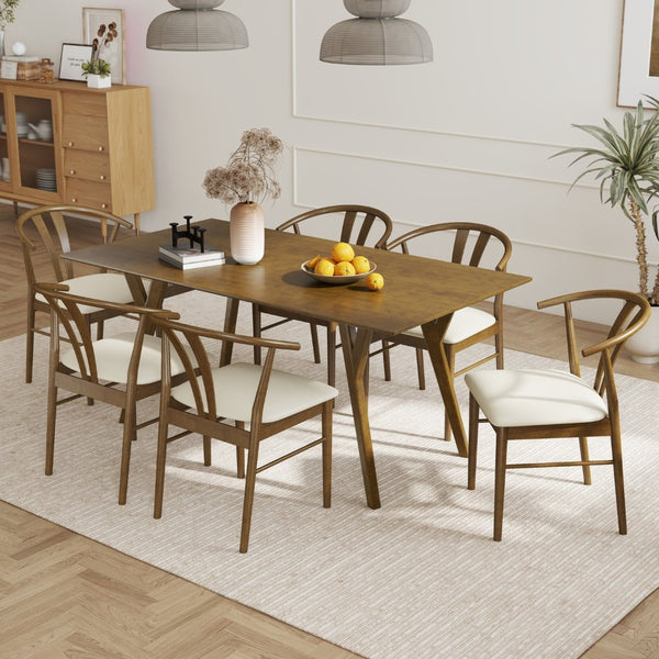 English Elm Lavin Seven Piece Rectangular Rubberwood Dining Set with Wishbone Chairs Modern Style Walnut Table, 6 Brown Chairs T2574S00285