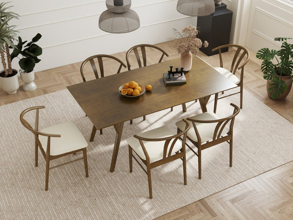 English Elm Lavin Seven Piece Rectangular Rubberwood Dining Set with Wishbone Chairs Modern Style Walnut Table, 6 Brown Chairs T2574S00285