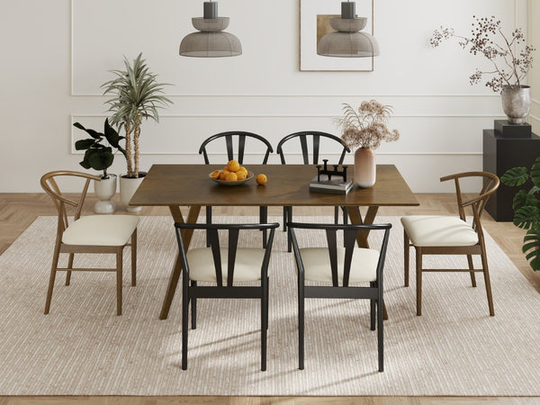 English Elm Lavin Seven Piece Rectangular Rubberwood Dining Set with Wishbone Chairs Modern Style Wood Table, 2 Walnut + 4 Black Chairs T2574S00286