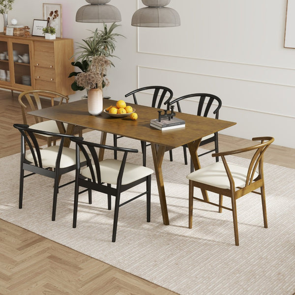 English Elm Lavin Seven Piece Rectangular Rubberwood Dining Set with Wishbone Chairs Modern Style Wood Table, 2 Walnut + 4 Black Chairs T2574S00286