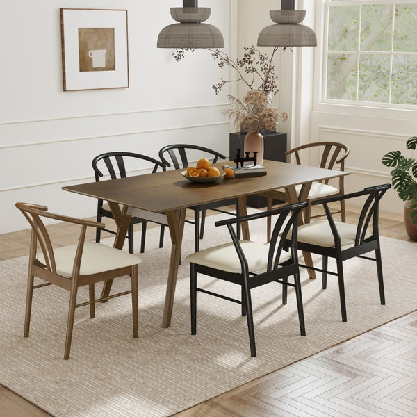 English Elm Lavin Seven Piece Rectangular Rubberwood Dining Set with Wishbone Chairs Modern Style Wood Table, 2 Walnut + 4 Black Chairs T2574S00286