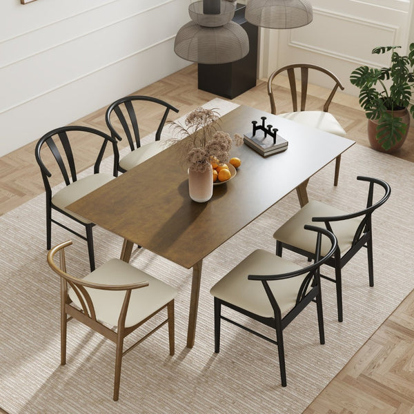 English Elm Lavin Seven Piece Rectangular Rubberwood Dining Set with Wishbone Chairs Modern Style Wood Table, 2 Walnut + 4 Black Chairs T2574S00286