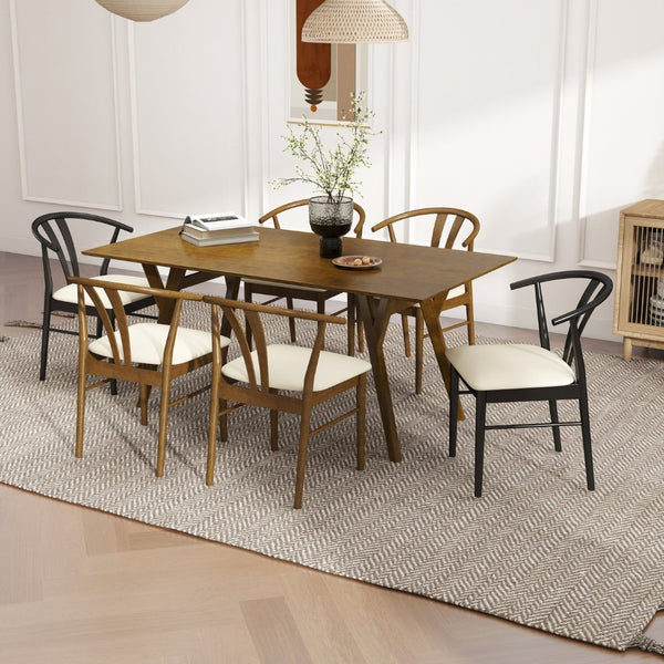 English Elm Lavin Seven Piece Rectangular Rubberwood Dining Set with Wishbone Chairs Modern Style Wood Table, 4 Walnut + 2 Black Chairs T2574S00287