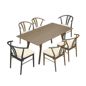 English Elm Lavin Seven Piece Rectangular Rubberwood Dining Set with Wishbone Chairs Modern Style Wood Table, 4 Walnut + 2 Black Chairs T2574S00287