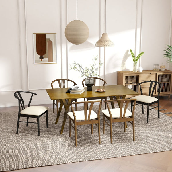 English Elm Lavin Seven Piece Rectangular Rubberwood Dining Set with Wishbone Chairs Modern Style Wood Table, 4 Walnut + 2 Black Chairs T2574S00287