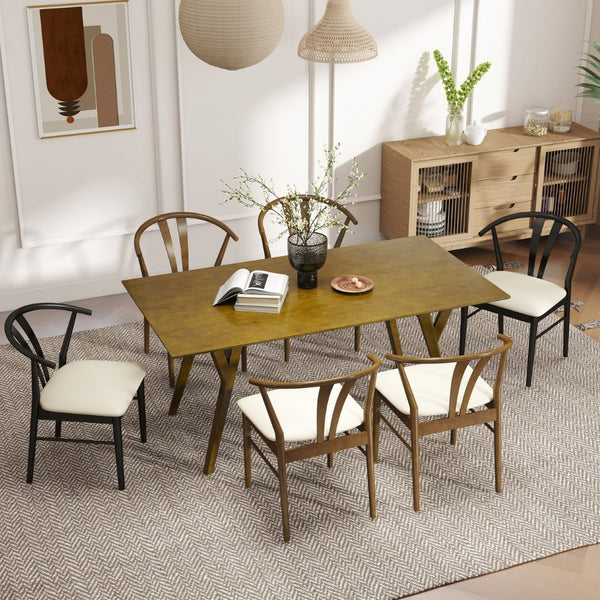 English Elm Lavin Seven Piece Rectangular Rubberwood Dining Set with Wishbone Chairs Modern Style Wood Table, 4 Walnut + 2 Black Chairs T2574S00287