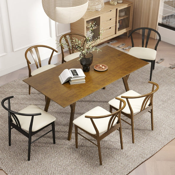 English Elm Lavin Seven Piece Rectangular Rubberwood Dining Set with Wishbone Chairs Modern Style Wood Table, 4 Walnut + 2 Black Chairs T2574S00287