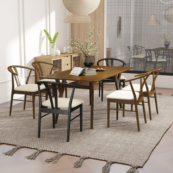 English Elm Lavin Seven Piece Rectangular Rubberwood Dining Set with Wishbone Chairs Modern Style Wood Table, 4 Walnut + 2 Black Chairs T2574S00287