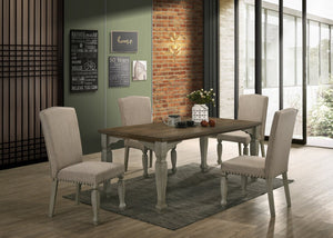 English Elm Breda Farmhouse Dining Set Seats Four with Planked Oak Veneer and Nailhead Chairs T2574S00288