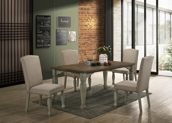 English Elm Breda Farmhouse Dining Set Seats Four with Planked Oak Veneer and Nailhead Chairs T2574S00288