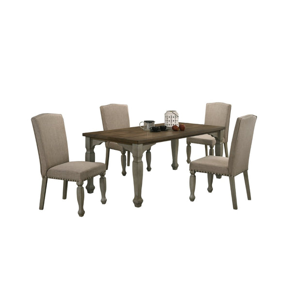English Elm Breda Farmhouse Dining Set Seats Four with Planked Oak Veneer and Nailhead Chairs T2574S00288