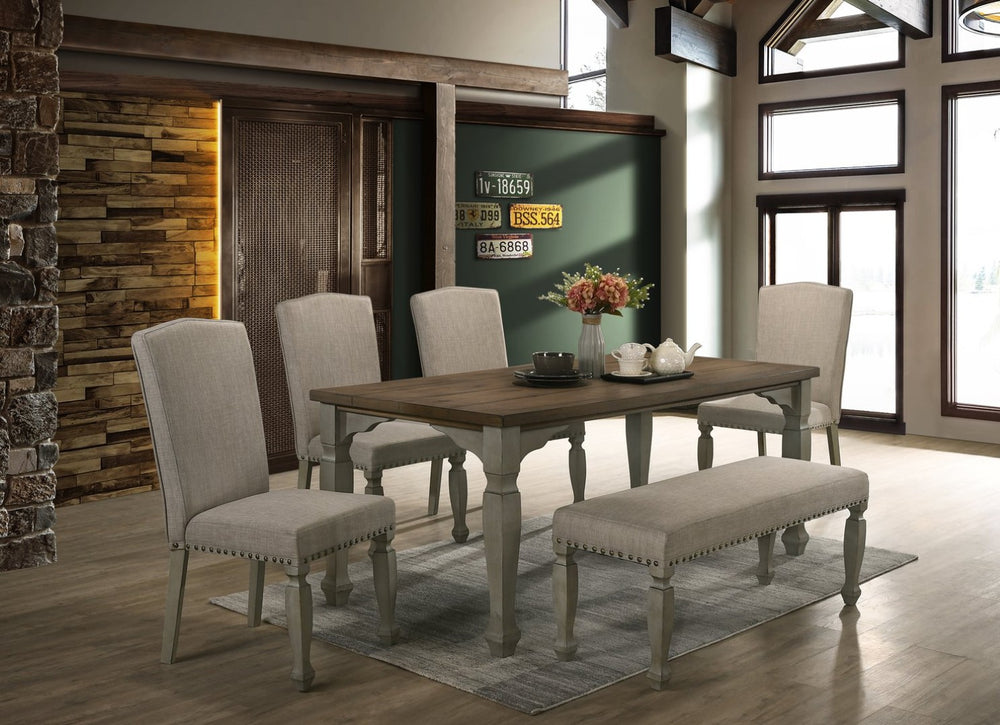 English Elm Breda Farmhouse Dining Set Seats Six with Carved Legs Nailhead Chairs and Oak Veneer Table T2574S00289