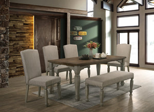 English Elm Breda Farmhouse Dining Set Seats Six with Carved Legs Nailhead Chairs and Oak Veneer Table T2574S00289
