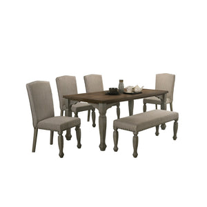English Elm Breda Farmhouse Dining Set Seats Six with Carved Legs Nailhead Chairs and Oak Veneer Table T2574S00289