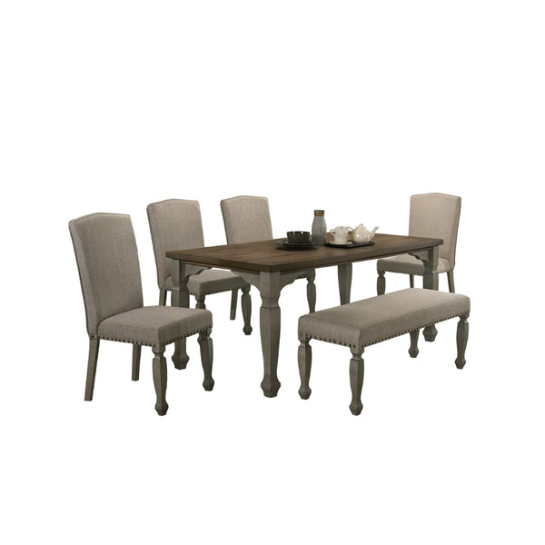 English Elm Breda Farmhouse Dining Set Seats Six with Carved Legs Nailhead Chairs and Oak Veneer Table T2574S00289