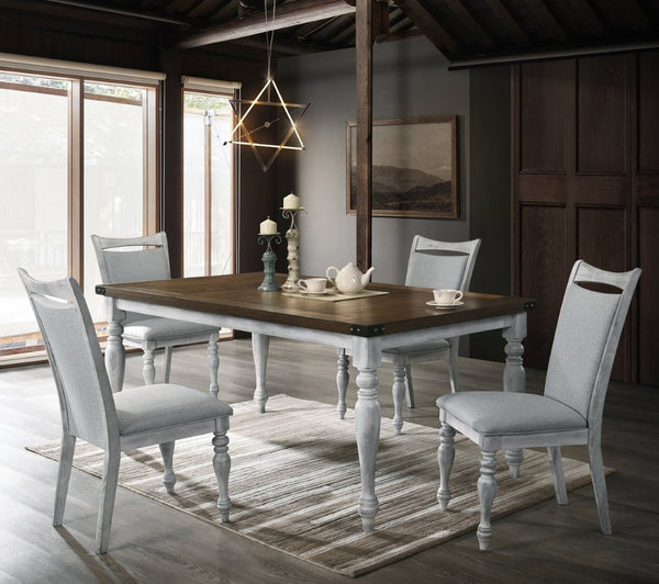 English Elm Salines Farmhouse Dining Set Distressed Oak Table with Four Upholstered Side Chairs T2574S00291