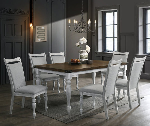 English Elm Salines Farmhouse Dining Set Seats Six with Upholstered Chairs and Distressed Oak Table T2574S00292