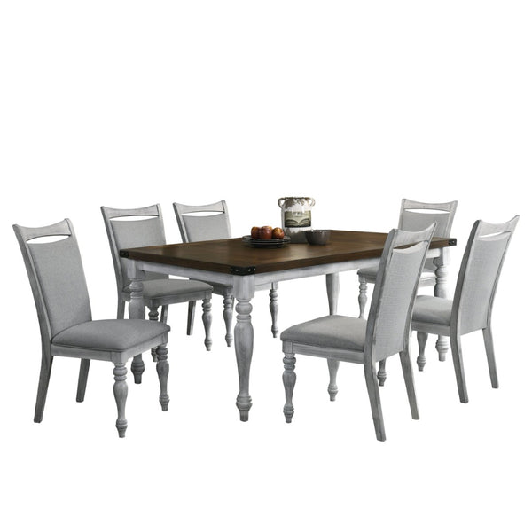 English Elm Salines Farmhouse Dining Set Seats Six with Upholstered Chairs and Distressed Oak Table T2574S00292