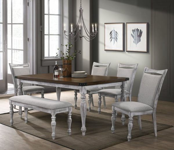 English Elm Salines Farmhouse Dining Set Six Seats Rubberwood Legs Distressed Oak Tabletop Gray Chairs T2574S00293