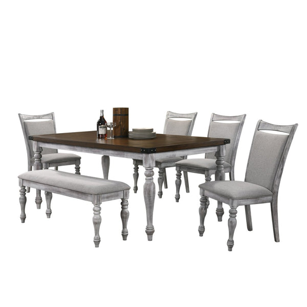 English Elm Salines Farmhouse Dining Set Six Seats Rubberwood Legs Distressed Oak Tabletop Gray Chairs T2574S00293