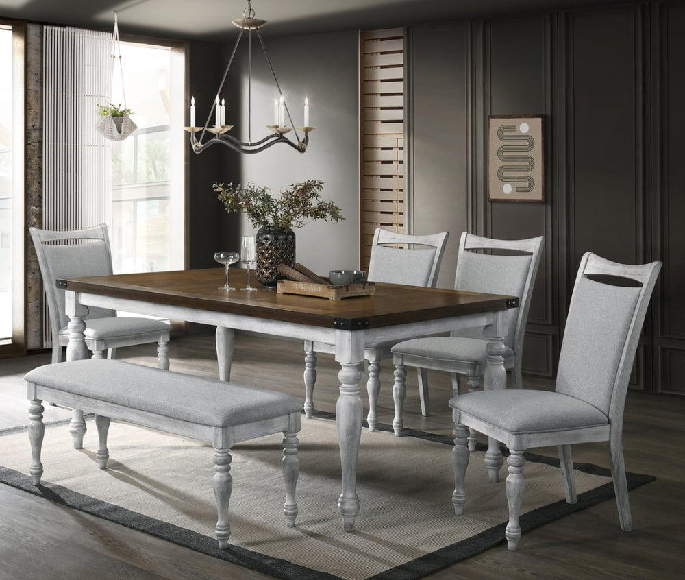 English Elm Salines Farmhouse Dining Set Six Seats Rubberwood Legs Distressed Oak Tabletop Gray Chairs T2574S00293