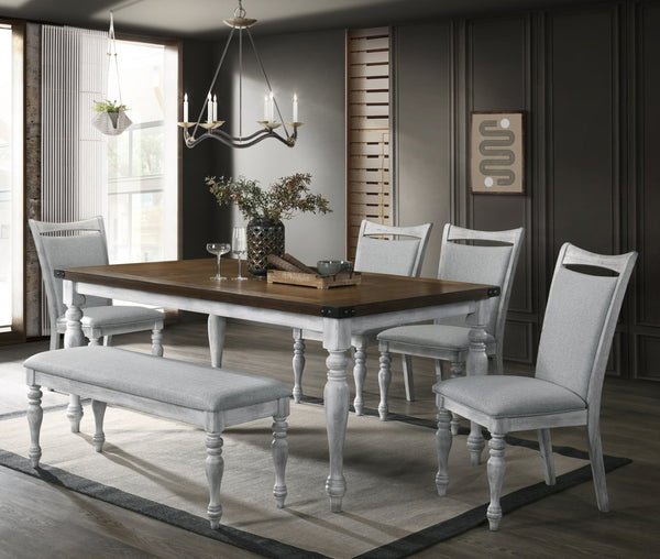 English Elm Salines Farmhouse Dining Set Six Seats Rubberwood Legs Distressed Oak Tabletop Gray Chairs T2574S00293