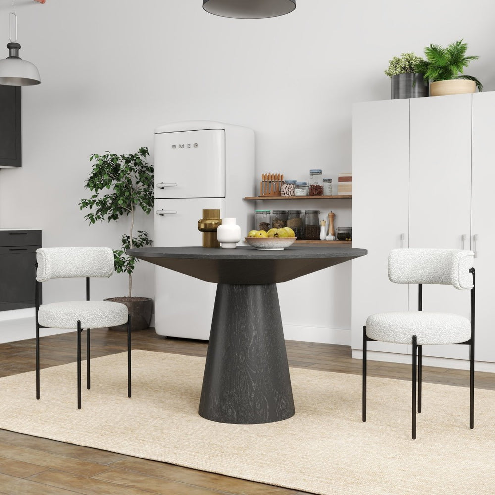 English Elm Corff Round Pedestal Dining Set with Boucle Upholstered Chairs for Modern Rooms Black, Grey+White T2574S00294