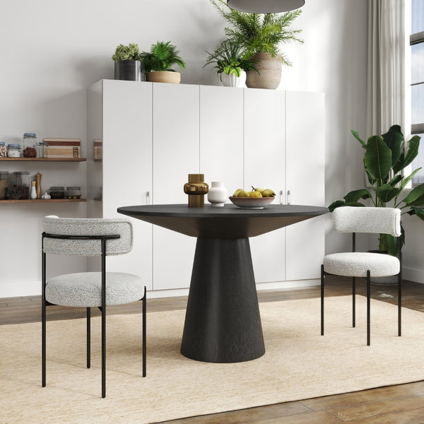 English Elm Corff Round Pedestal Dining Set with Boucle Upholstered Chairs for Modern Rooms Black, Grey+White T2574S00294