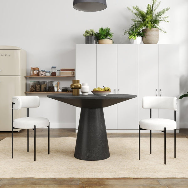 English Elm Corff Round Pedestal Dining Set with Boucle Upholstered Chairs for Modern Rooms Black, White T2574S00295