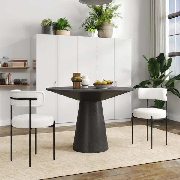 English Elm Corff Round Pedestal Dining Set with Boucle Upholstered Chairs for Modern Rooms Black, White T2574S00295